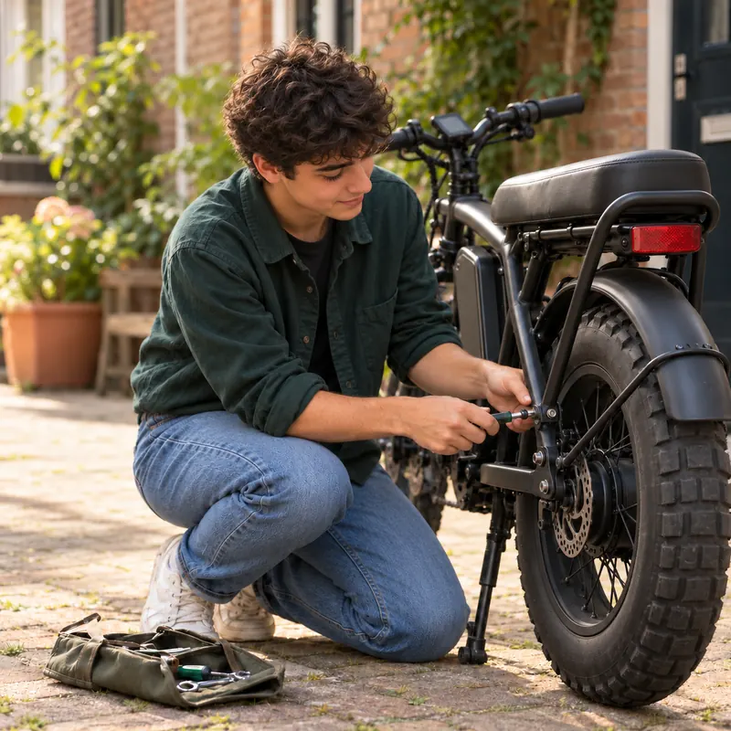 Een jongen zit op zijn hurken op straat en repareert een fiets met gereedschap.