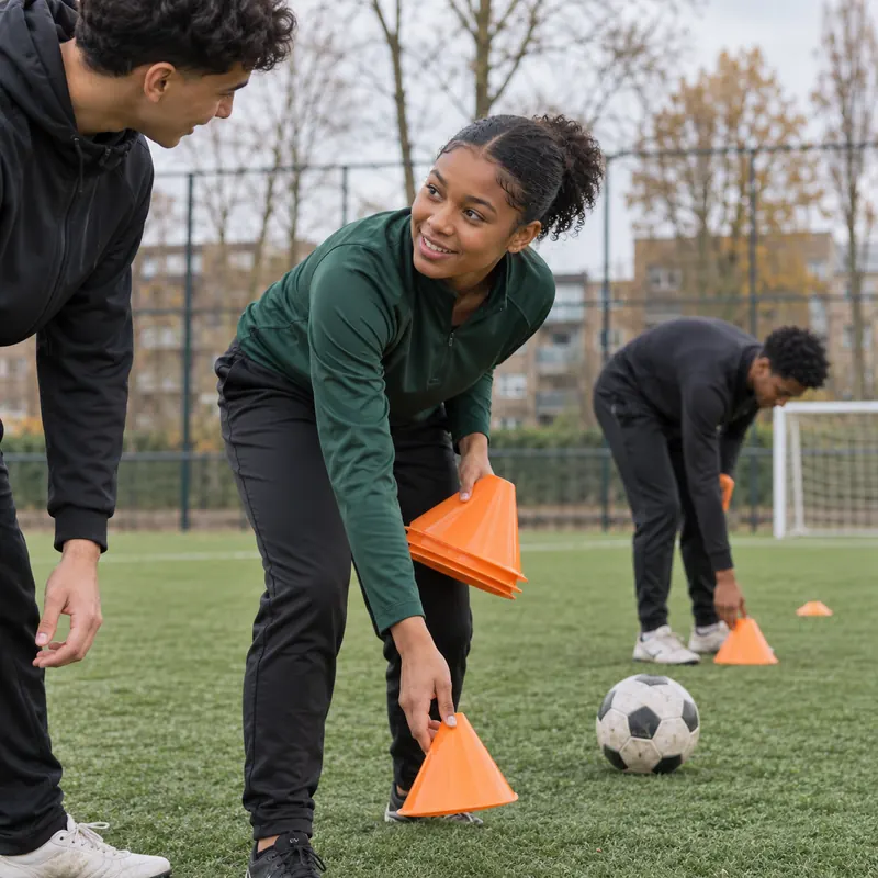 Een meisje zet pionnen klaar op een voetbalveld en overlegt met een andere jongere.